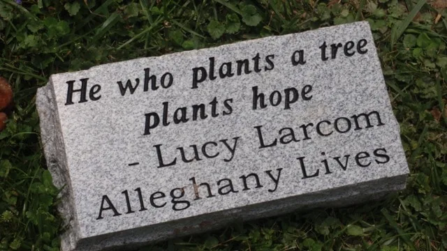 A granite marker reading He who plants a tree plants hope, Lucy Larcom, Alleghany Lives